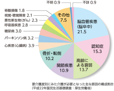 要介護度別にみた介護が必要となった主な原因の構成割合（平成22年国民生活基礎調査：厚生労働省）