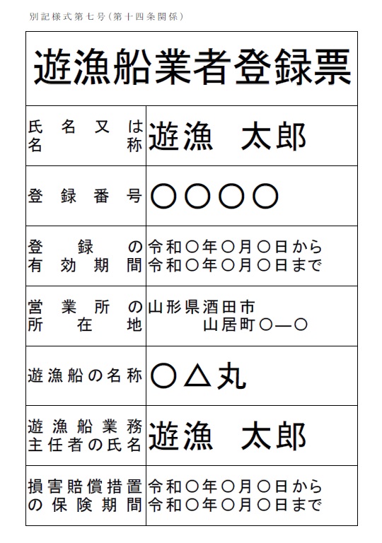 遊漁船業者登録票